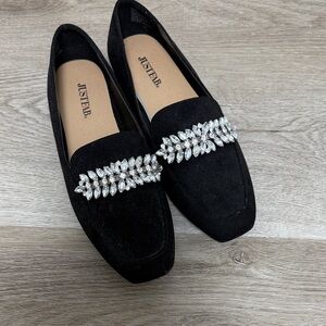 JustFab Black Loafers with Sparkling Embellishments